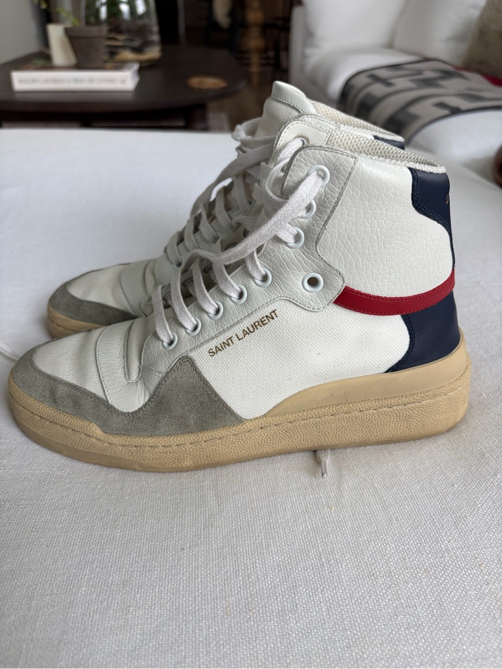 Saint Laurent White High-Top Sneakers with Navy & Red Accents